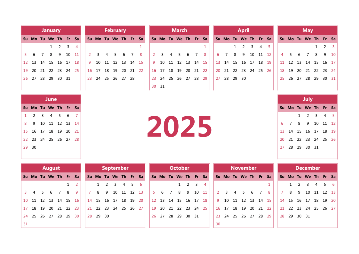 2025年日历 A3横向 英文版 无农历 无周数 周日开始